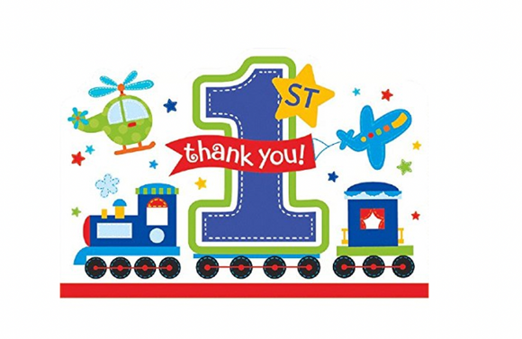 1st Birthday Party Thank You Notes Cards Train Plane Helicopter Vehicle 8 Count