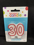 Numeral #30 Glitter Candle - White with Red Border