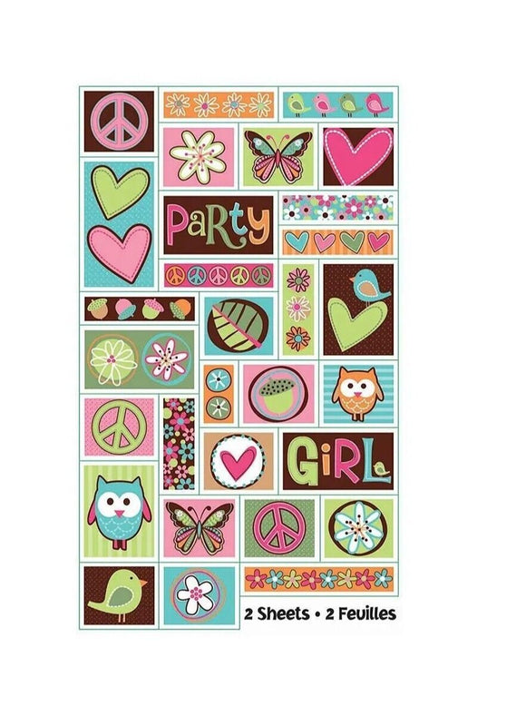 Hippie Chick Peace Owl Pink Brown Retro Birthday Party Favor Scrapbook Stickers
