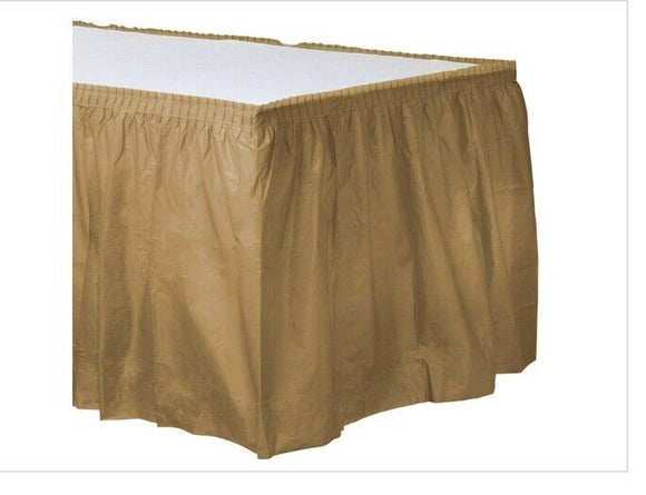 Reusable Gold Plastic Table Skirt 29”x168”