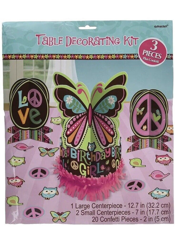 Hippie Chick Peace Owl Pink Brown Retro Birthday Party Table Decorating Kit