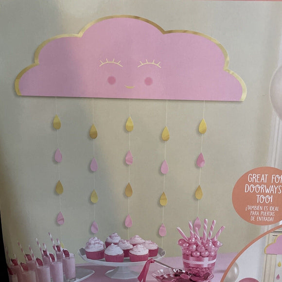 Baby Shower Girl Pink Gold Cloud W/ Streamer Droplets Hanging