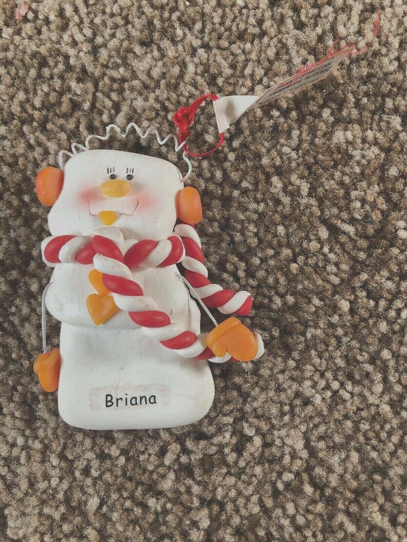 Briana  Personalized Snowman Ornament Encore 2004 Red Scarf Orange Buttons NEW