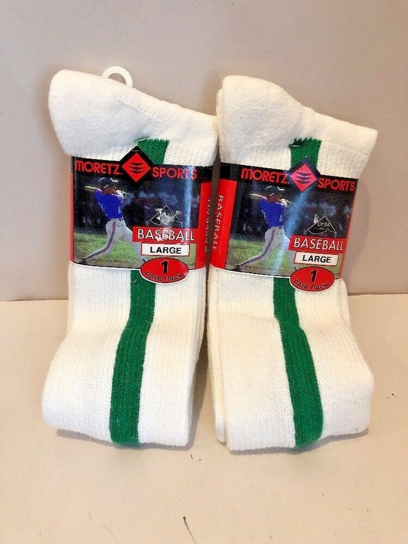 Moretz Sports 2 Pairs Large Baseball Socks White/Kelly Green NEW