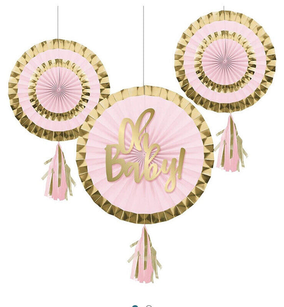 Oh Baby Pink & Gold Foil Decorative Hanging Paper Fans W/ Tassels 3ct