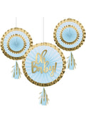 Oh Baby Blue & Gold Foil Decorative Paper Fans W/ Tassels 3ct