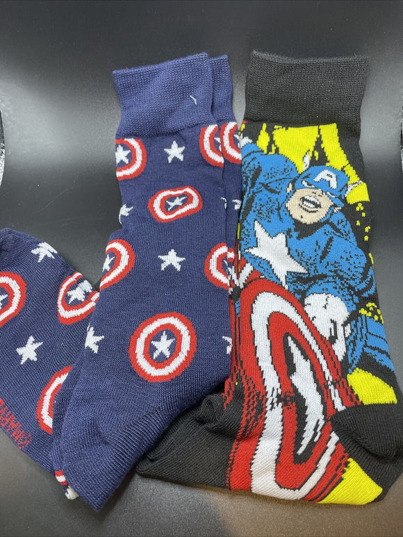 Marvel Captain America & Captain America Shield Socks Mens Sz 6-12 2 Pack