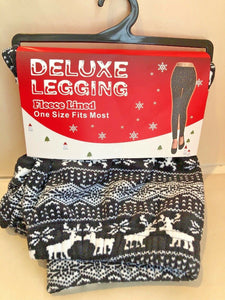 Womens Deluxe Fleece Lined Leggings Black and White with Reindeer OSFM NEW