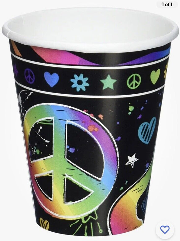 Neon Birthday Zebra Print Butterfly Peace Guitar Kids Party 9 oz. Paper Cups 8ct