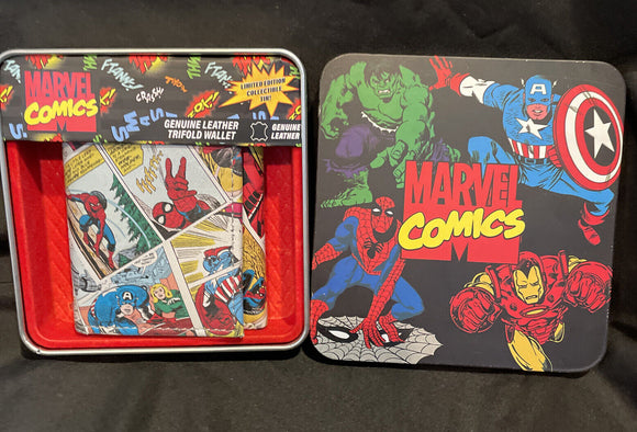 Spiderman Comic Heroes Mens Trifold Leather Wallet in Collectors Tin Box