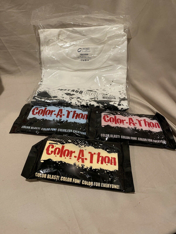 Color Run Color A Thon 3 Powder Packets Red Blue Yellow Adult Large T-Shirt NEW