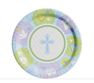 Blue Sweet Christening Religious Dessert Plates 8ct