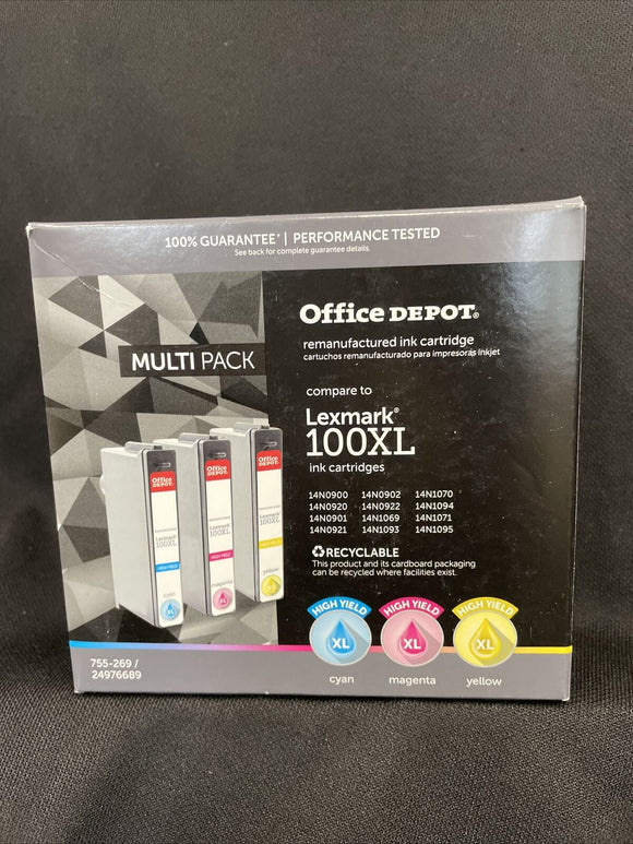 Office Depot Lexmark 100XL Cyan Magenta Yellow  Ink Cartridges NEW