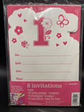 Die-Cut Postcard Invitations 1st Birthday Girl Flowers and Butterflies