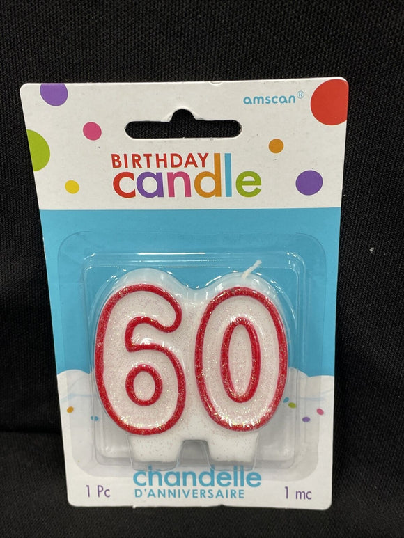 Amscan Classic No.60 Glittery Birthday Candle White/Red 2.75