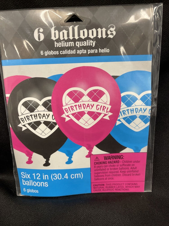 Birthday Girl Blue, Black & Pink Helium Quality 12” Balloons 6Ct