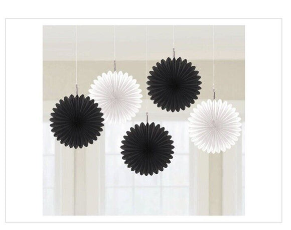 Black & White Mini Hanging Fan Decorations 5Ct