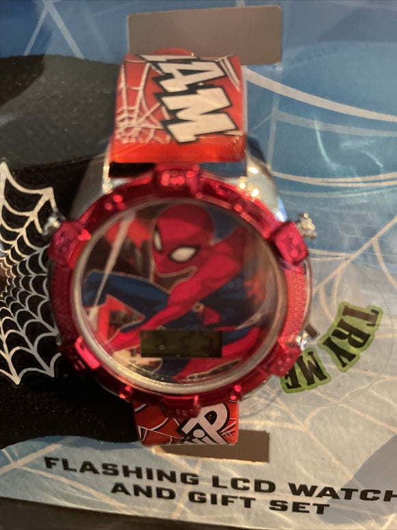 Spiderman LCD Watch,Mini Flashlight, Survival Bracelet & Sweatband Gift Set