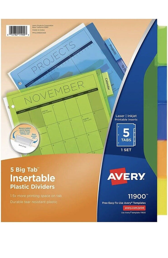 Avery 5-Tab Plastic Binder Dividers, Insertable Translucent Multicolor Big Tabs