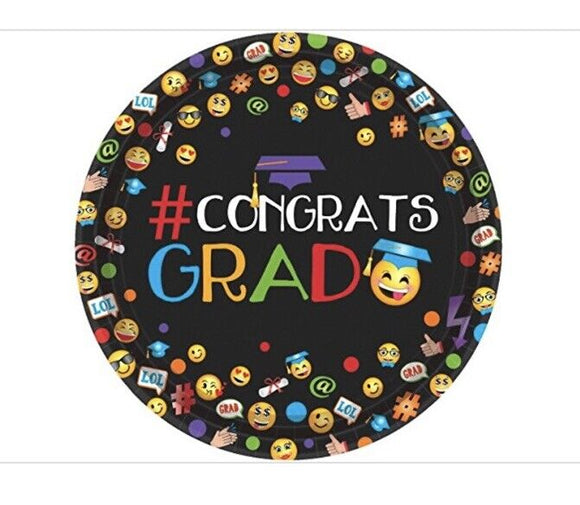 Congratulations Grad Emoji 9” Round Paper Plates 60ct