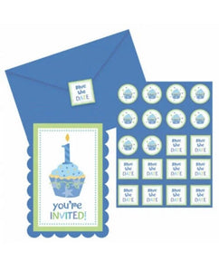 Sweet Blue Boy 1st Birthday Cupcake Party Invitations Envelopes Seals 20 ct