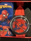 Spiderman Spinner Flip Cover LCD Youth Watch w/ Red Band in Collectable Tin