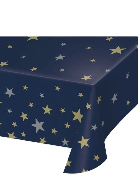 Navy Blue Gold and Silver Stars Plastic Tablecoth 54