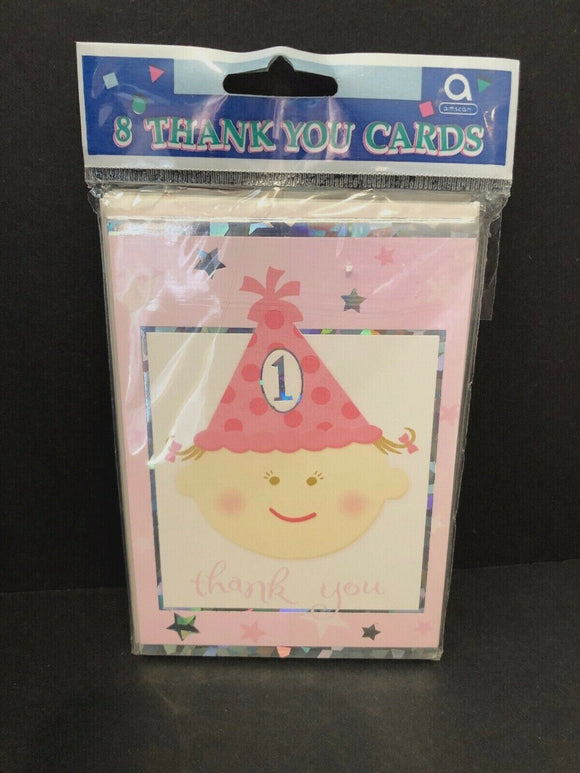 1st BIRTHDAY  Girl THANK YOU NOTES (8) ~ First Party Supplies Stationery NEW