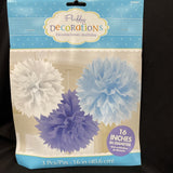 BLUE AND WHITE FLUFFY POM POM DECORATIONS (3) ~ Birthday Shower Wedding Supplies