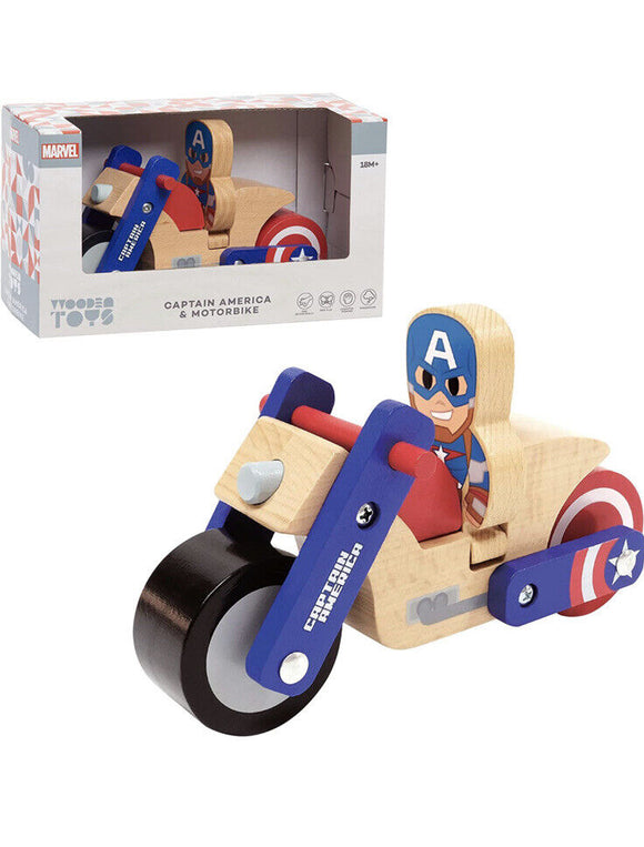 Marvel Wooden Toys Captain America Figure & Motorcycle Ages 18+ Months