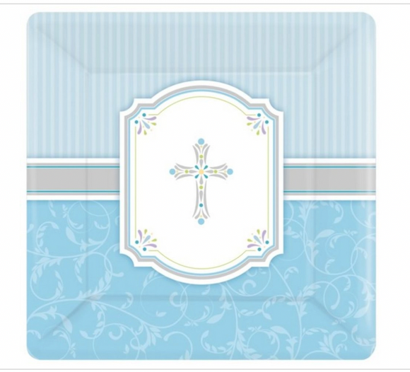 Religious 'Blessings Blue' Large 10 1/4” Square Paper Plates (8ct)