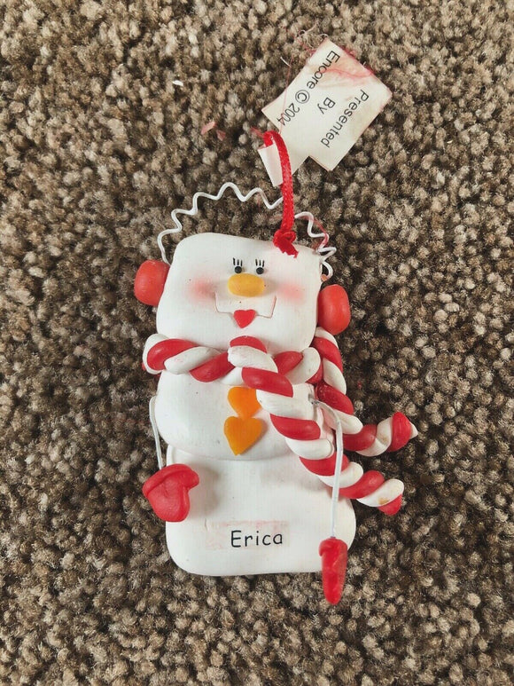 Erica  Personalized Snowman Ornament Encore Red Scarf Orange Buttons 2004 NEW