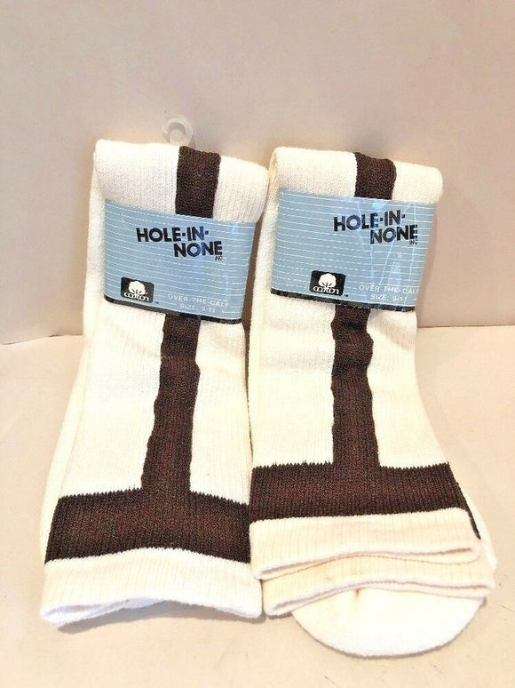 2 Pairs Hole-in-None White/Brown Over the Calf Baseball Socks Sz 9-11 NEW