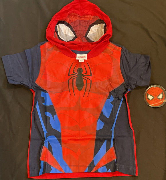 Marvel Toddler Spiderman Muscle Graphic Tshirt w/Mesh Eyes on Hood Sz 3T