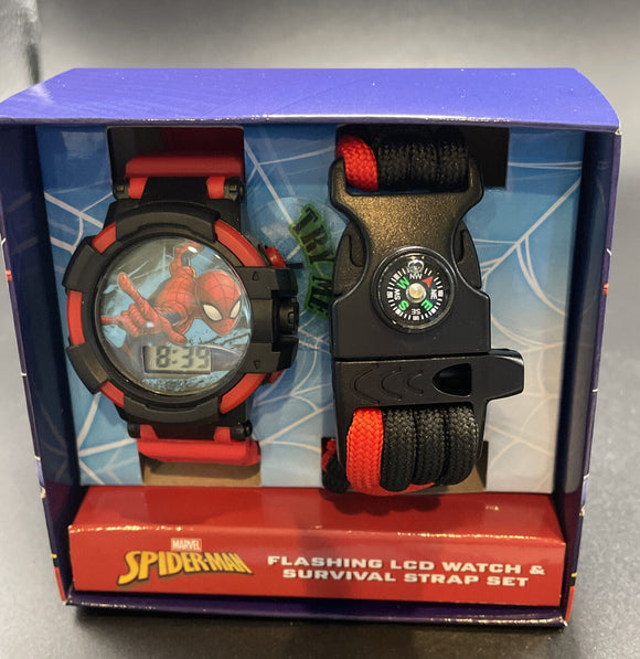 Marvel Spider-Man Kids Flashing LCD Watch & Survival Strap Set