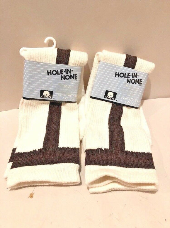 2 Pairs Hole-in-None White/Brown Over the Calf Baseball Socks Sz 7-9  NEW