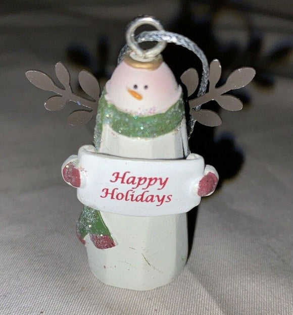 Ceramic Snowman Glitter 2” Ornament “Happy Holidays” NEW