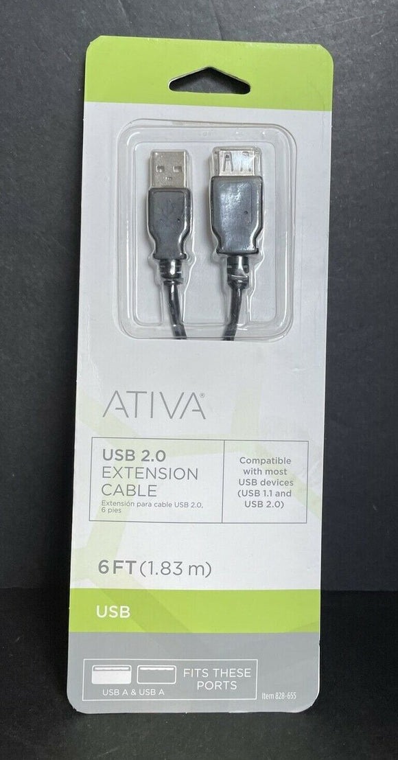 Ativa 828-655 USB 2.0 Extension Cable, 6’, Black  NEW