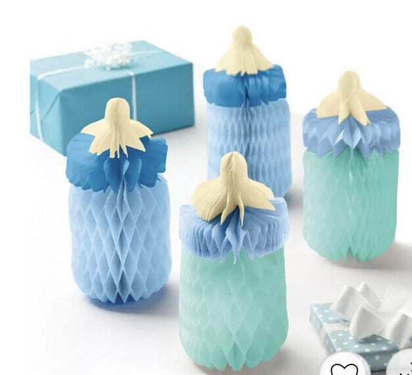 Blue Baby Bottle Baby Shower Honeycomb Centerpieces  4 Pcs