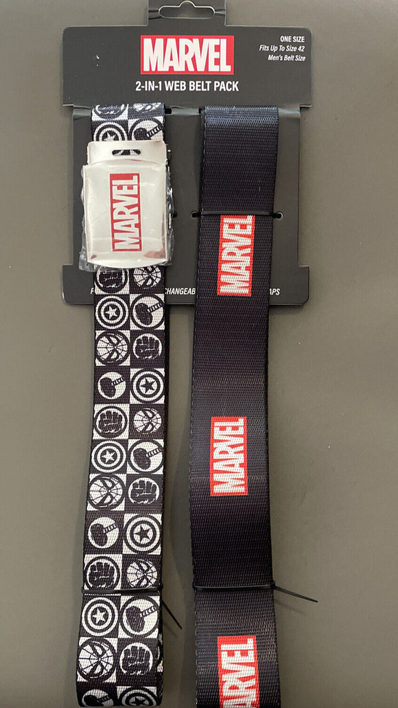 Marvel Hero Icon & Classic Marvel Logo Belts 2 in 1 Web Belt Pack Fits Up To 42”