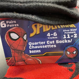 Marvel Spiderman 6 Pairs Quarter Socks Shoe Size 11-2