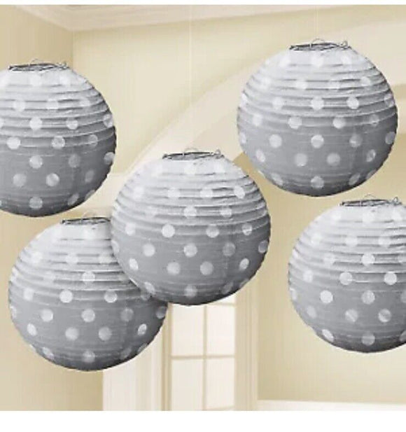 Silver Stamped Foul Polka Dot Paper Lantern Decorations  5 count