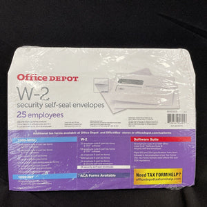 Office Depot 25 count W-2 Envelopes Security SELF-SEAL 9-1/4"x5-5/8" New Sealed