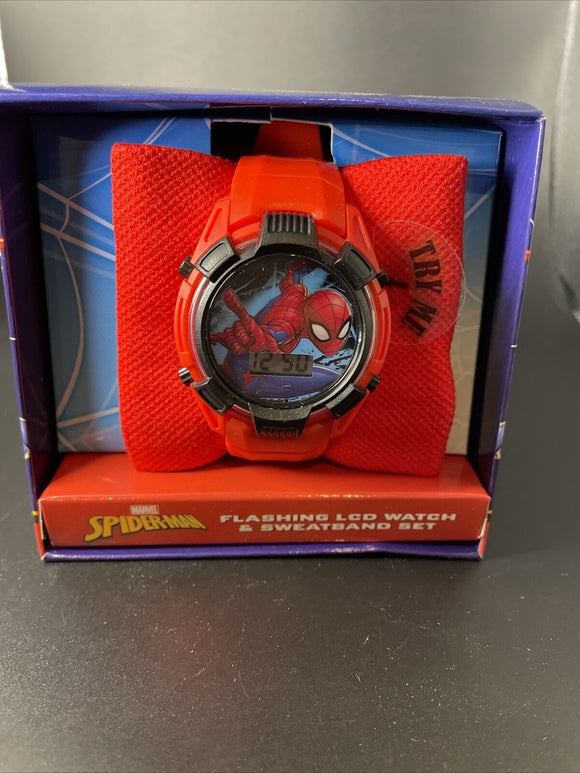 Marvel Spiderman Kids Flashing LCD  Watch And Sweatband Set
