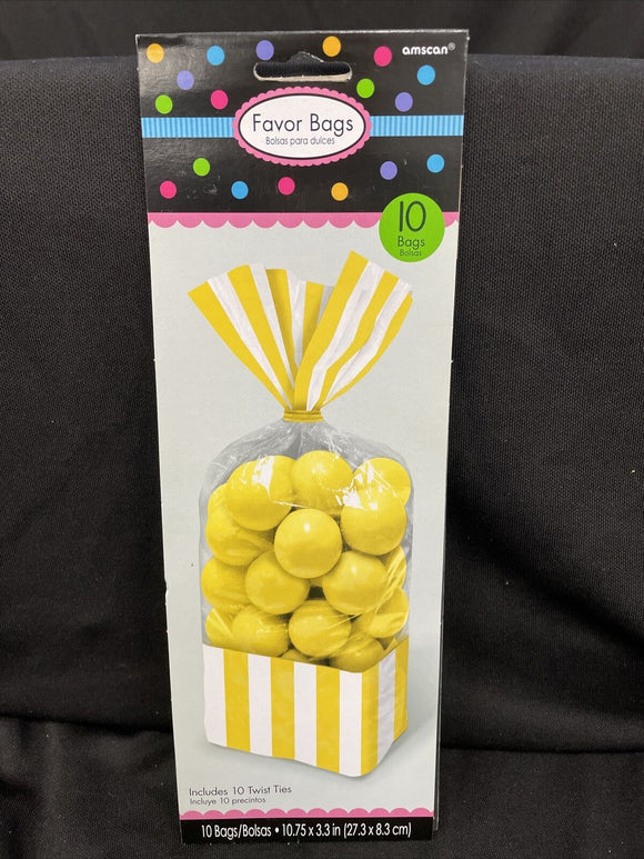 Yellow Sunshine Striped Party bags w/Twist Ties 10Ct Measures 3.1