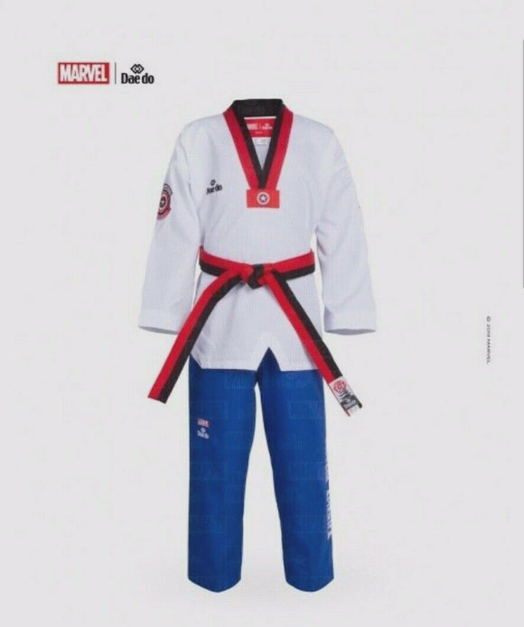 Marvel Dao Do Captain America Poom Collar Taekwondo Dobok Size 2 NEW