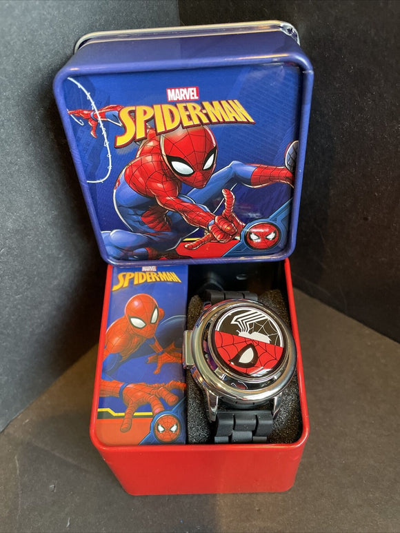 Spiderman Spinner Flip Cover LCD Youth Watch W/ Blk Band In Collectable Box