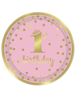 Amscan 1st Birthday Girl Round Metallic Paper Plates-9", Pack of 8