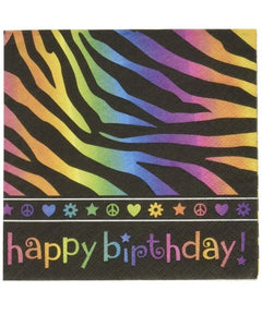 Neon Birthday Zebra Print Peace  Party Paper Beverage Napkins 16Ct