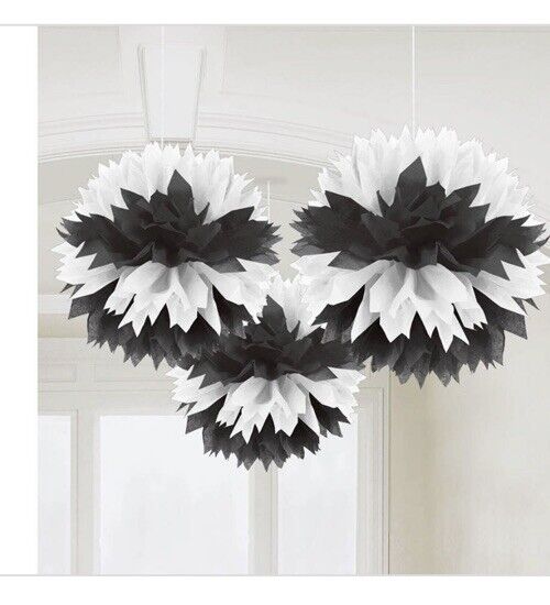 Black & White Fluffy Decorations 3Ct 16” Diameter